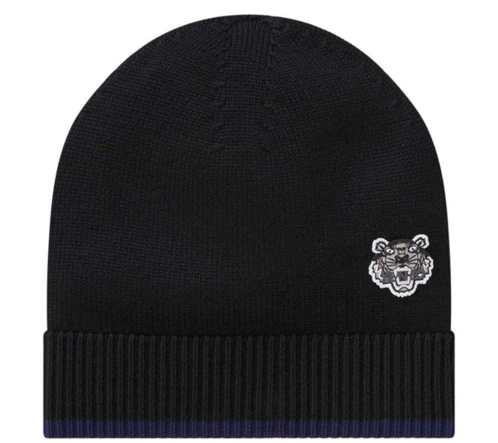 Kenzo Tiger head Black Beanie with Blue Stripe